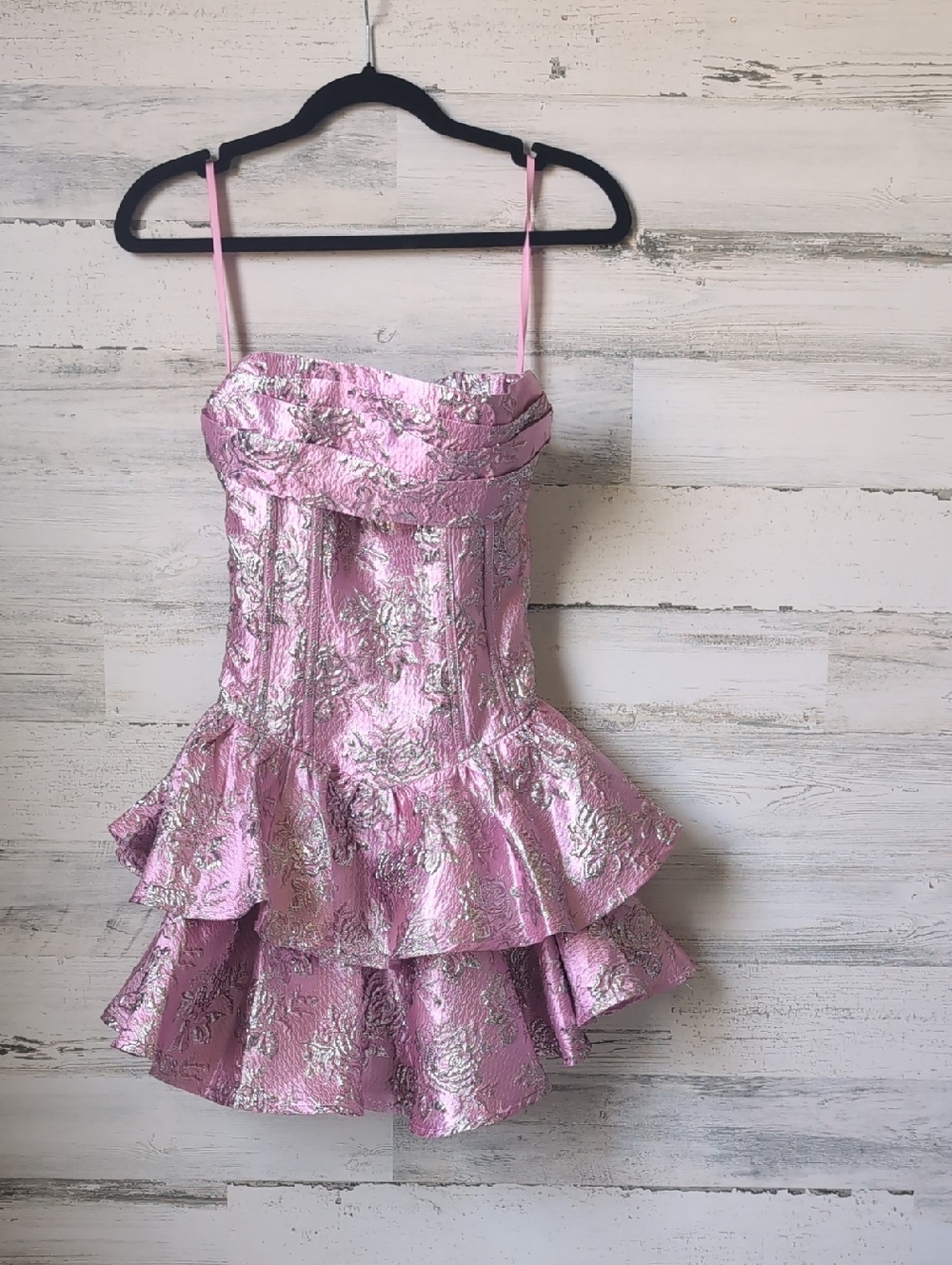 Pink Strapless Brocade Ruffled Mini Dress